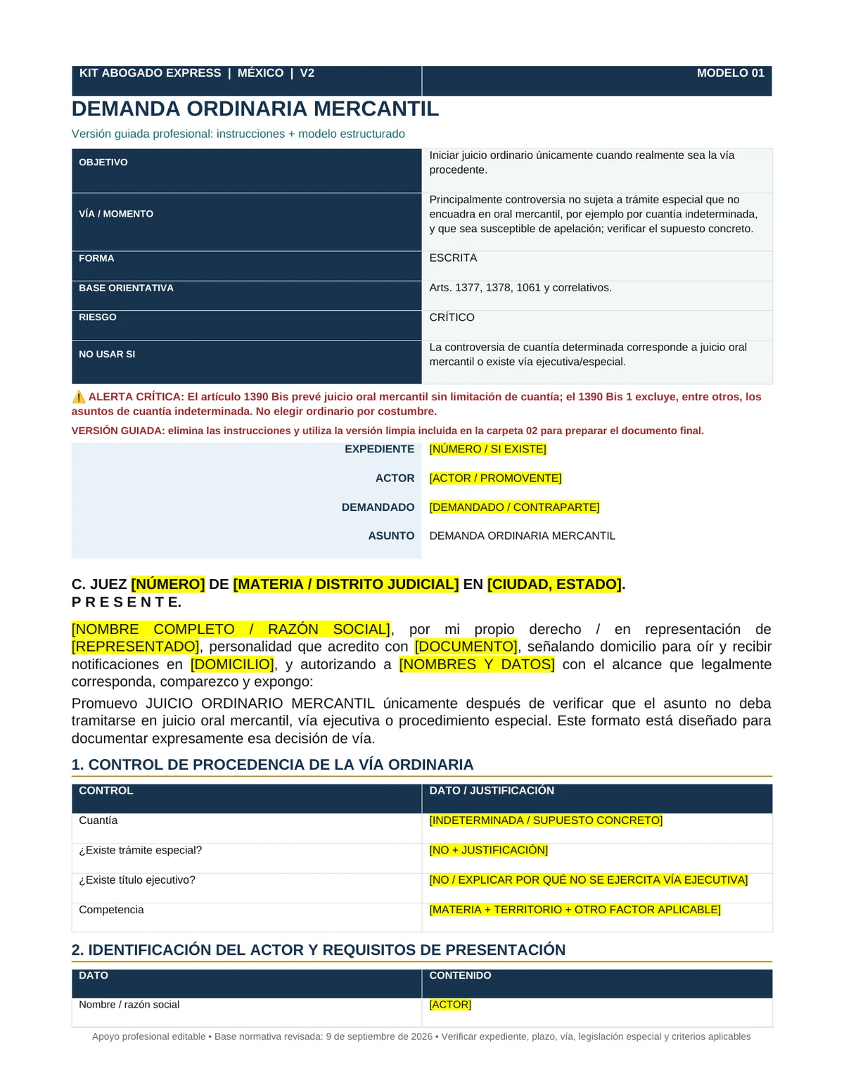 Página real de la versión guiada de demanda ordinaria mercantil